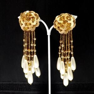 Vintage Gold Sequin Bead Dangle Earrings, Long Tassel Pearl Drop Clip On Jewelry